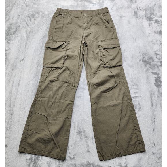 H&M Divided Pants Womens 6 Green Mid Rise Wide Leg Cargo Utility Cotton Baggy - Picture 1 of 12